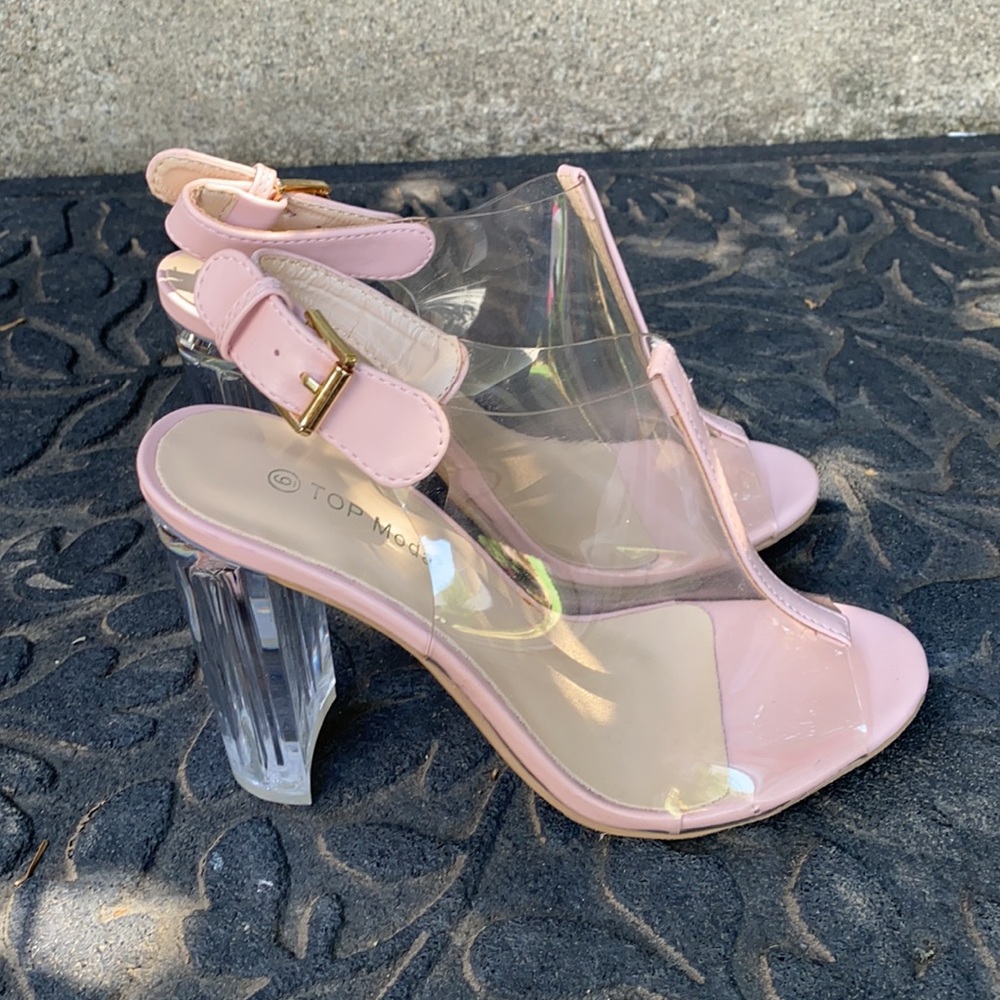top moda fenton lucite clear plastic peep toe pastel pink never worn.